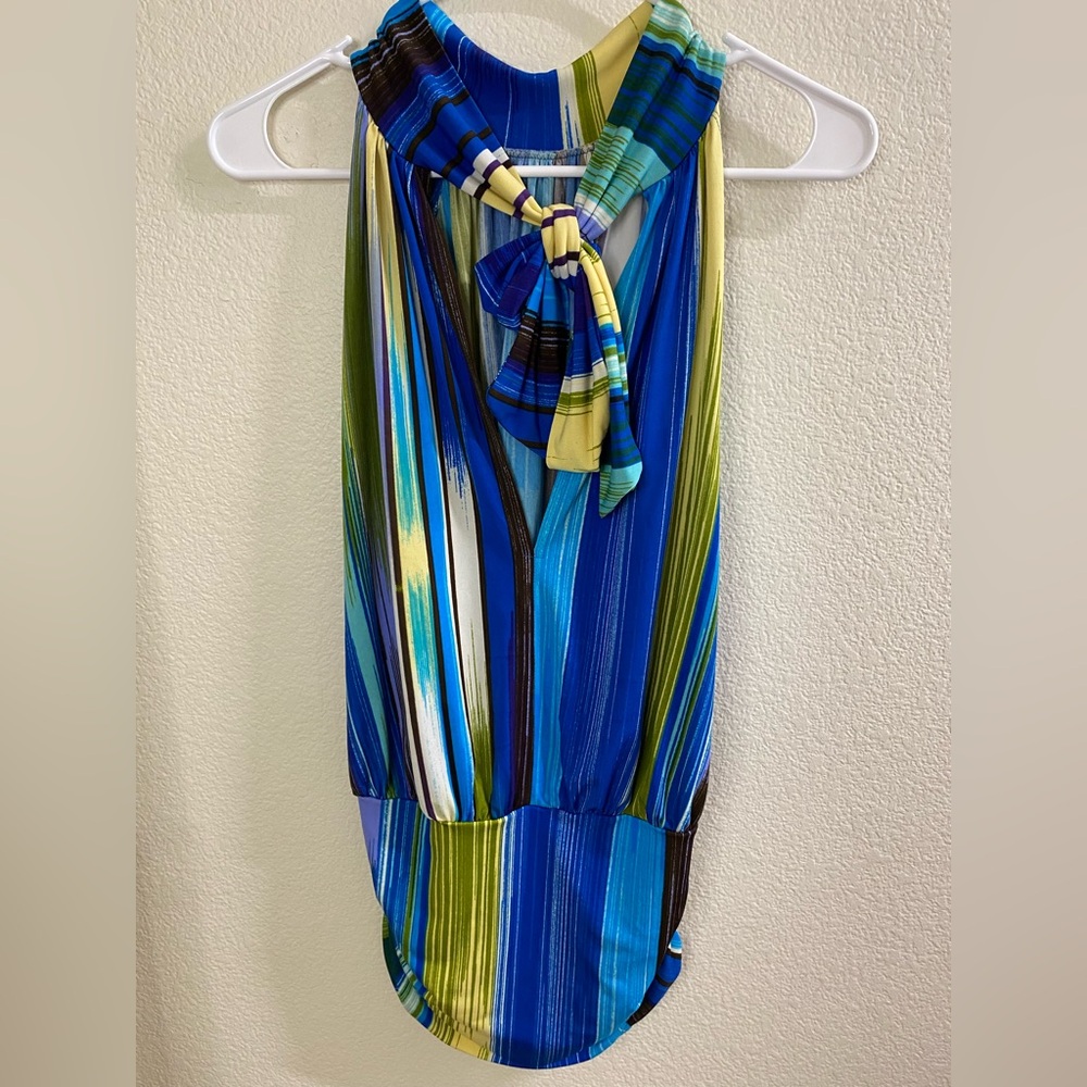 Unaluna Striped Halter Top, Ties at neck sleeveless blue black yellow size small